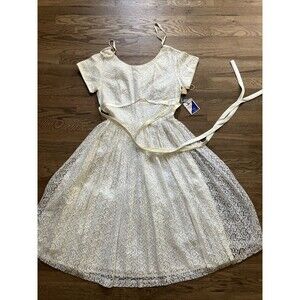 VINTAGE 1950’s New Old Stock LACE OVERLAY White PARTY/WEDDING DRESS SZ M Wow!